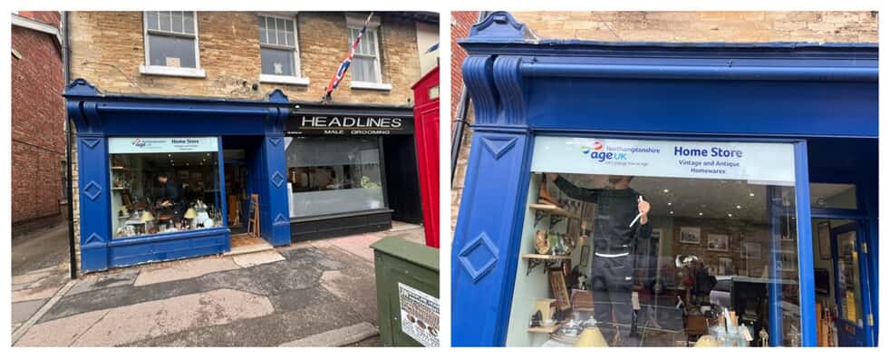 An image of the Home Store signage along a blue trim storefront.